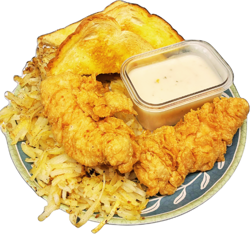 fried rooster w hashbrowns and white gravy $8.99